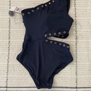 NWT / Michael Kors / One piece navy bathing  suit with gold grommets / Size 10